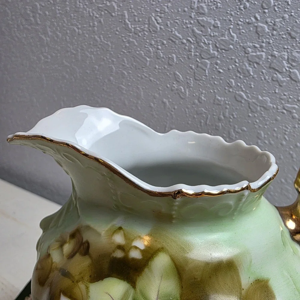 Vintage Lefton Hand‎ Painted Rose Porcelain Pitcher Green Gold Gilt Scallop Rim